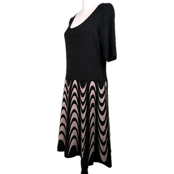DANNY & NICOLE Midi Knee Dress Drop Waist Fit And Flare  Black Tan Geometric  L - Picture 2 of 8